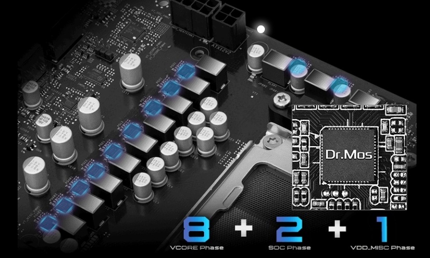 Základní deska ASRock B850M PRO RS WIFI Detail napájecí kaskády Dr.MOS u základní desky ASRock B850M Pro RS WIFI pro stabilní chod procesoru