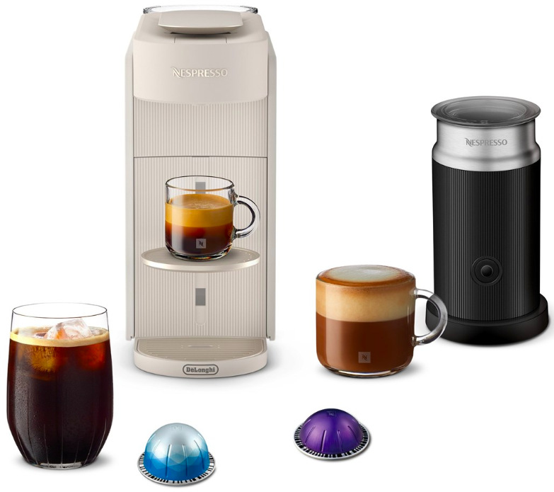 Kávovar DeLonghi Nespresso Vertuo Up Bundle ENV200.WAE s Aeroccino 3 a připravenými nápoji
