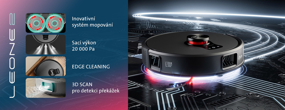 Banner pro robotický vysavač ETA Leone 2 s přehledem klíčových funkcí. Na obrázku je zobrazen černý robotický vysavač na technologickém pozadí a čtyři hlavní benefity: inovativní systém mopování, extrémní sací výkon 20 000 Pa, funkce EDGE CLEANING pro úklid podél stěn a pokročilý 3D SCAN pro detekci překážek