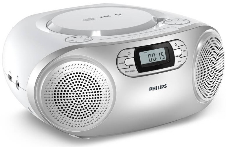 Radiopřijímač s CD Philips TAZ2000S stříbrný Pohled z boku na stříbrný boombox Philips TAZ2000 s horním vkládáním disku a postranními konektory