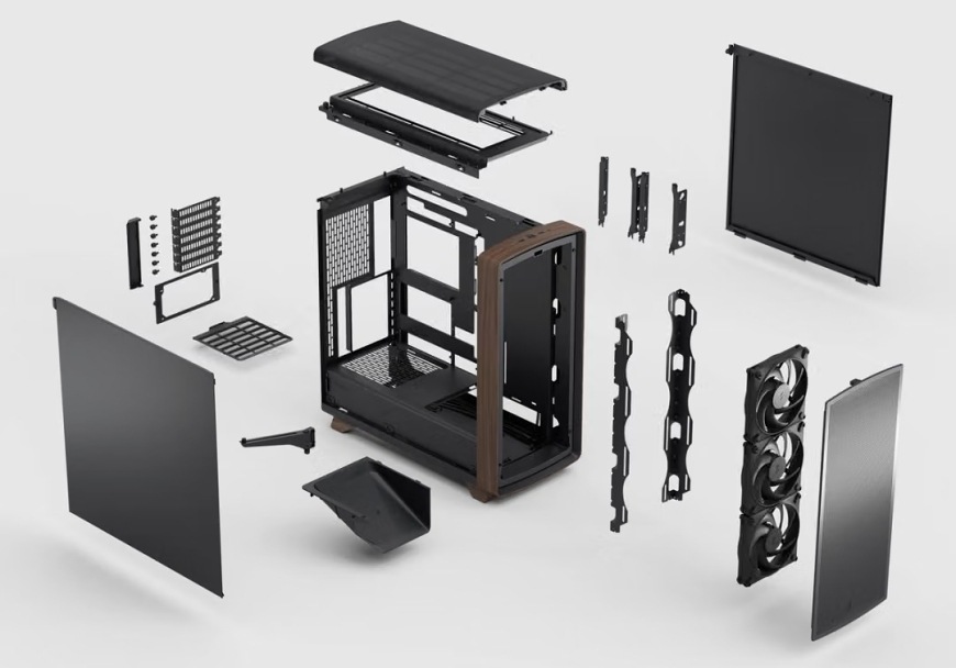 Rozložená konstrukce skříně FRACTAL DESIGN Summit Black Solid s panely, ventilátory, držáky a filtry