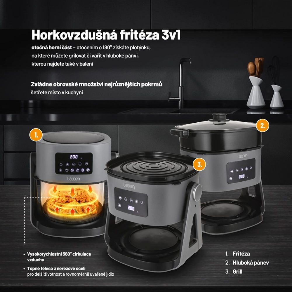 Fritéza horkovzdušná Lauben Glass&Grill Air Fryer 3in1 5500BG šedá Fritéza horkovzdušná Lauben Glass&Grill Air Fryer 3in1 5500BG šedá
