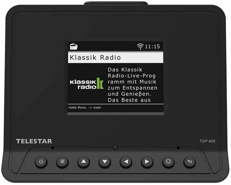 Detail barevného TFT displeje internetového rádia Telestar TOP 400 zobrazující stanici Klassik Radio