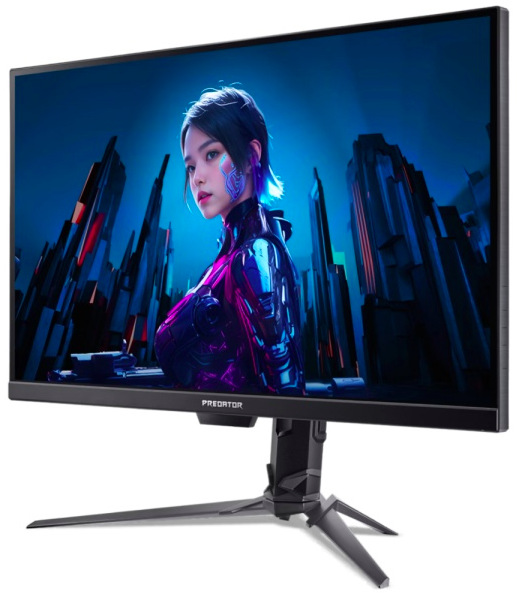 Herní monitor Acer Predator XB273U F5 z levého předního pohledu s plochým 27" IPS displejem a nastavitelným stojanem