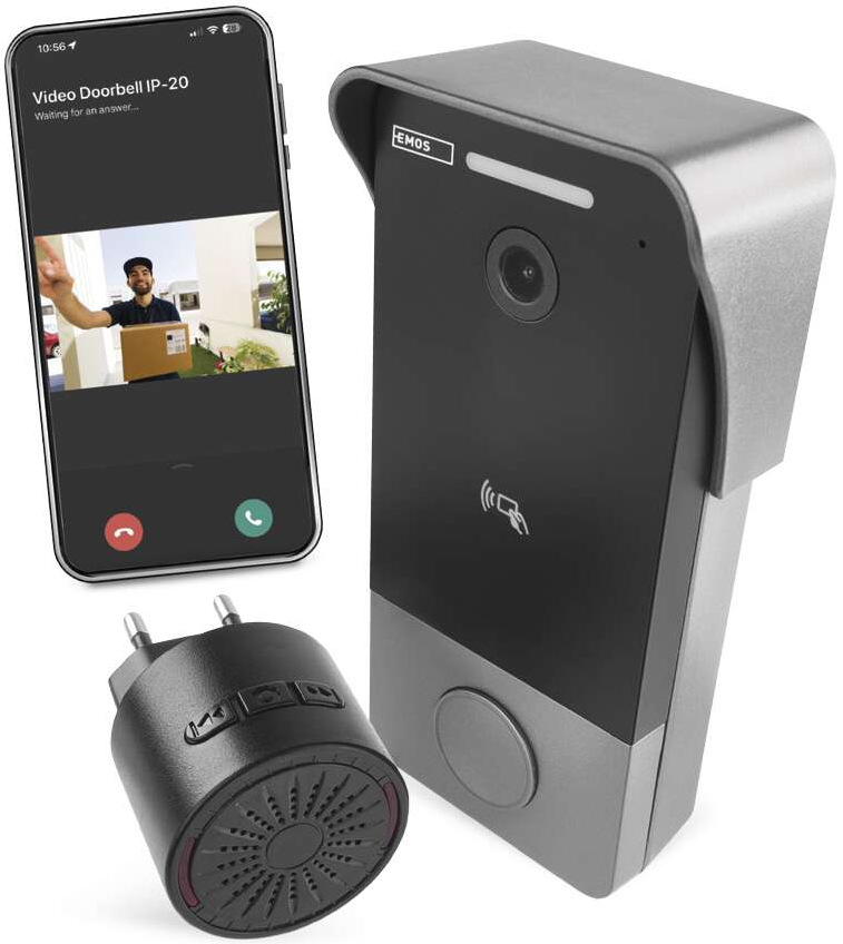 Videozvonek EMOS GOSMART IP-20PoE šedý Chytrý videozvonek EMOS GoSmart IP-20 a smartphone s mobilní aplikací a RFID čipy