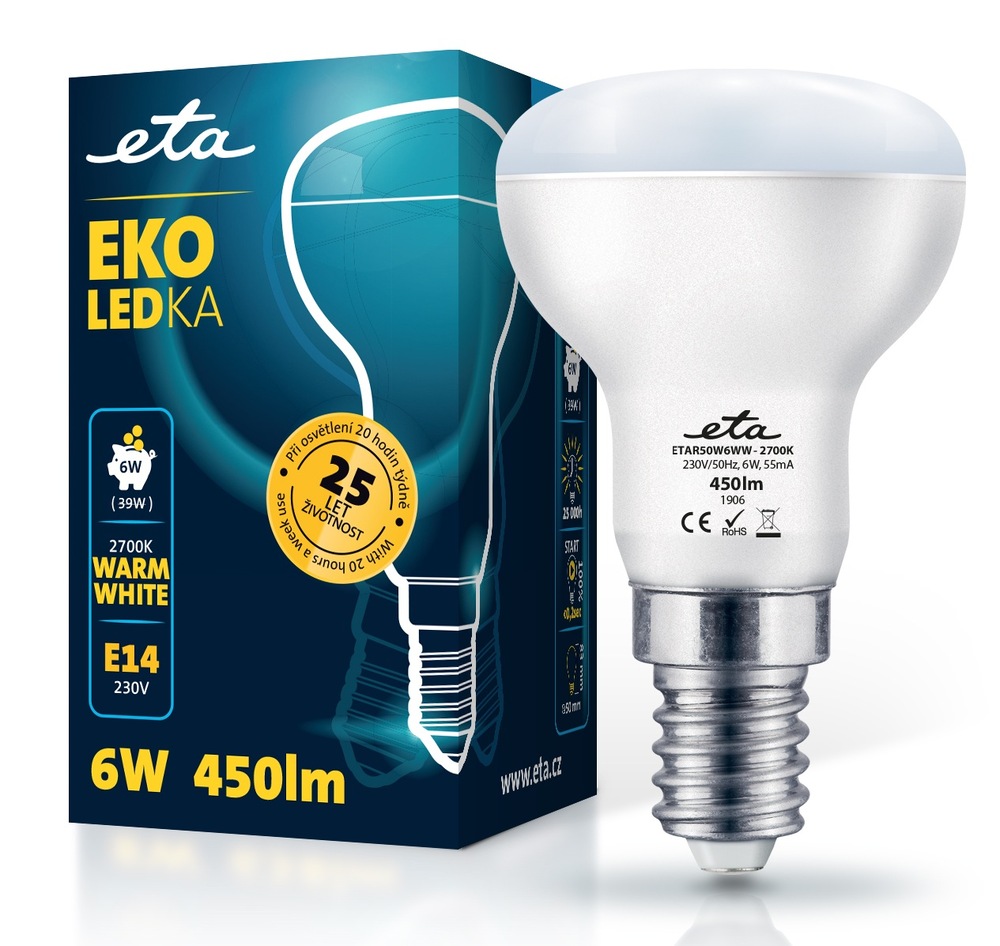 Úsporná reflektorová LED žárovka ETA EKO LEDka s paticí E14, příkonem 6W a světelným tokem 450 lm v barvě teplá bílá (2700K), zobrazená vedle prodejní krabičky