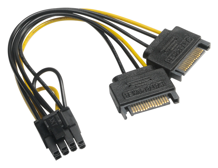 Adaptér AKASA 2x SATA (male) na 6+2pin PCIe (female) černý AKASA 2x SATA (male) na 6+2pin PCIe (female) umožňuje napájení grafických karet přes SATA