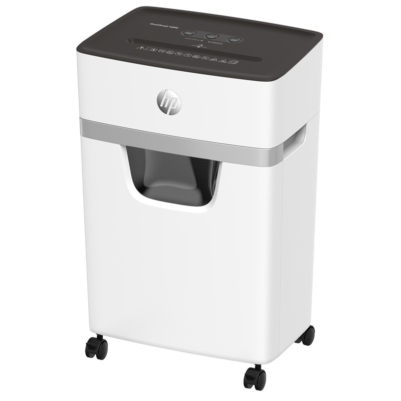 Skartovačka HP OneShred 10MC v bílé barvě.