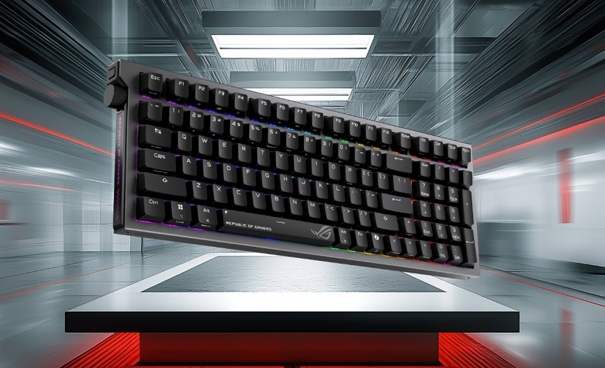 Asus ROG Strix Morph 96 WL v herním prostředí s dynamickým RGB efektem