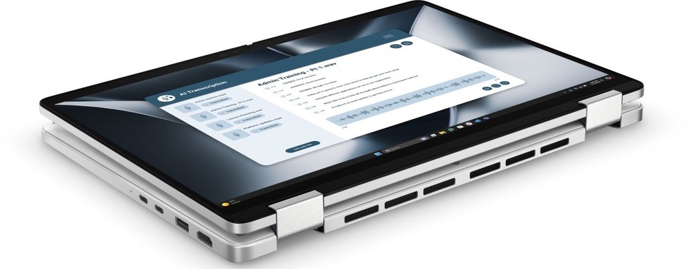 Zapntý notebook Dell Pro 13 Plus PB13255 otočený o 380°