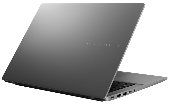 Zadní strana otevřeného ASUS Vivobook S14 s konektory na levém boku