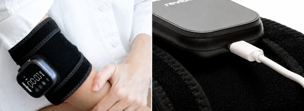 Masážní přístroj Reviber Zen Physio LED na paži a detail připojeného USB-C kabelu