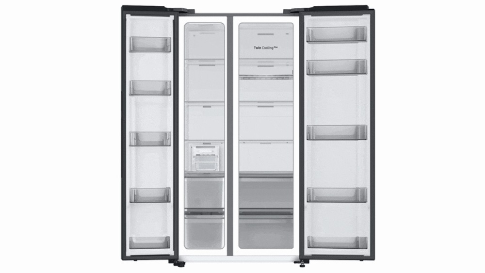 Americká lednice Samsung RS66DG815CSLEF stříbrná Dokořán otevřená lednice