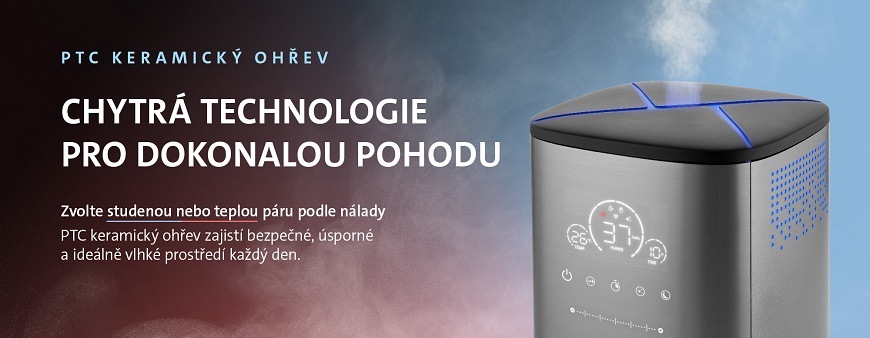 Zvlhčovač vzduchu ETA Noble Smart 5629 90000 šedý Zapnutý zvlhčovač vzduchu ETA Noble Smart s digitálním displejem a modrým LED osvětlením vydávajícím páru s PTC topnými tělesy a možností výběru studené či teplé páry.