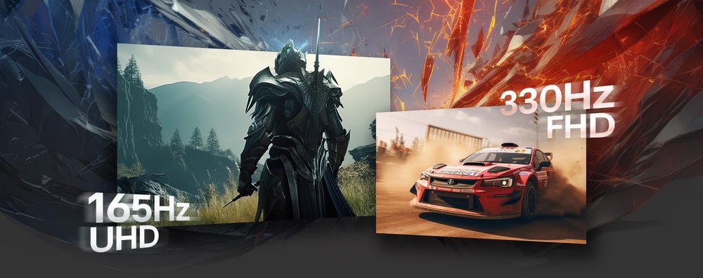 Herní monitor LG UltraGear 32GX850A-B černý Dvě herní scény – na levé straně s označením „165Hz UHD“ stojí před horami fantasy bojovník v brnění. Vpravo jede rallyový vůz na nezpevněném povrchu s textem 330Hz FHD.