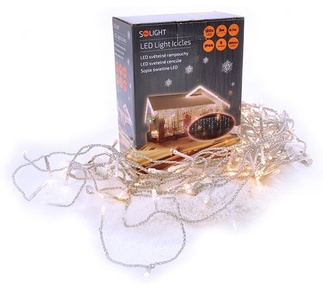 Vánoční osvětlení Solight závěs - rampouchy, 120 LED, 3m x 0,7m+ 6m, venkovní, teplá bílá