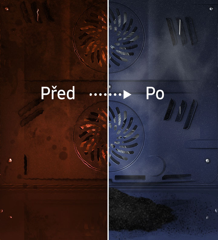 Pyrolytické čištění - srovnání zadní stěny trouby před čištěním a po něm