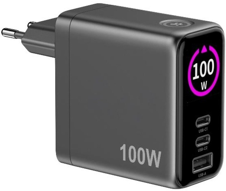 Cestovní nabíječka Celly 2x USB-C/USB-A s technologií GaN, LCD displejem a 100W výkonem