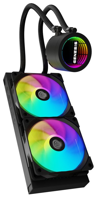 Na obrázku je černý vodní chladič procesoru Genesis Hydria 240 ARGB. Tvoří ho úzký radiátor se dvěma velkými ventilátory s duhovým RGB podsvícením a kulatá pumpa s nápisem Genesis a barevným světelným kruhem. Radiátor a pumpu spojují dvě černé opletené hadice. Celek působí moderně, herně a výrazně.
