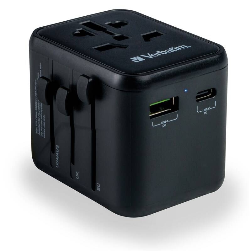 Cestovní adaptér Verbatim UTA-02 s 1 x USB-C PD 20W / 1 x USB-A QC 3.0 černý