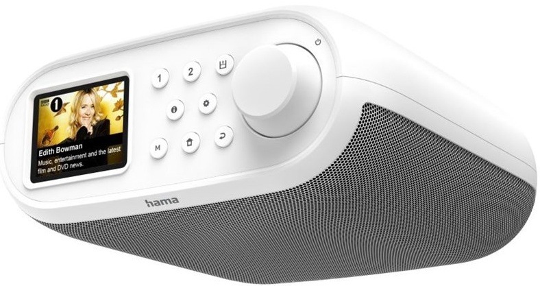 Internetové rádio Hama DIR400, bílá barva, s barevným displejem a otočným ovladačem.