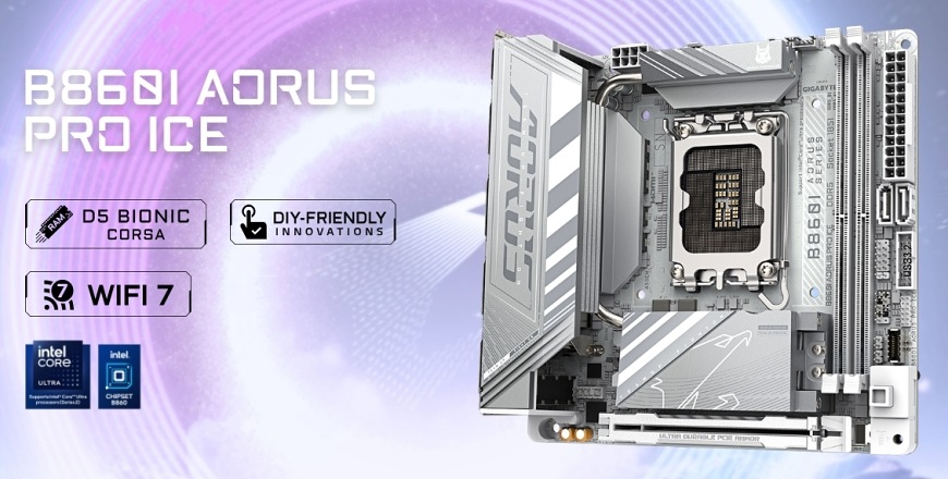 Produktový render základní desky Gigabyte B860I AORUS PRO ICE s viditelným označením modelu a podporou pamětí DDR5