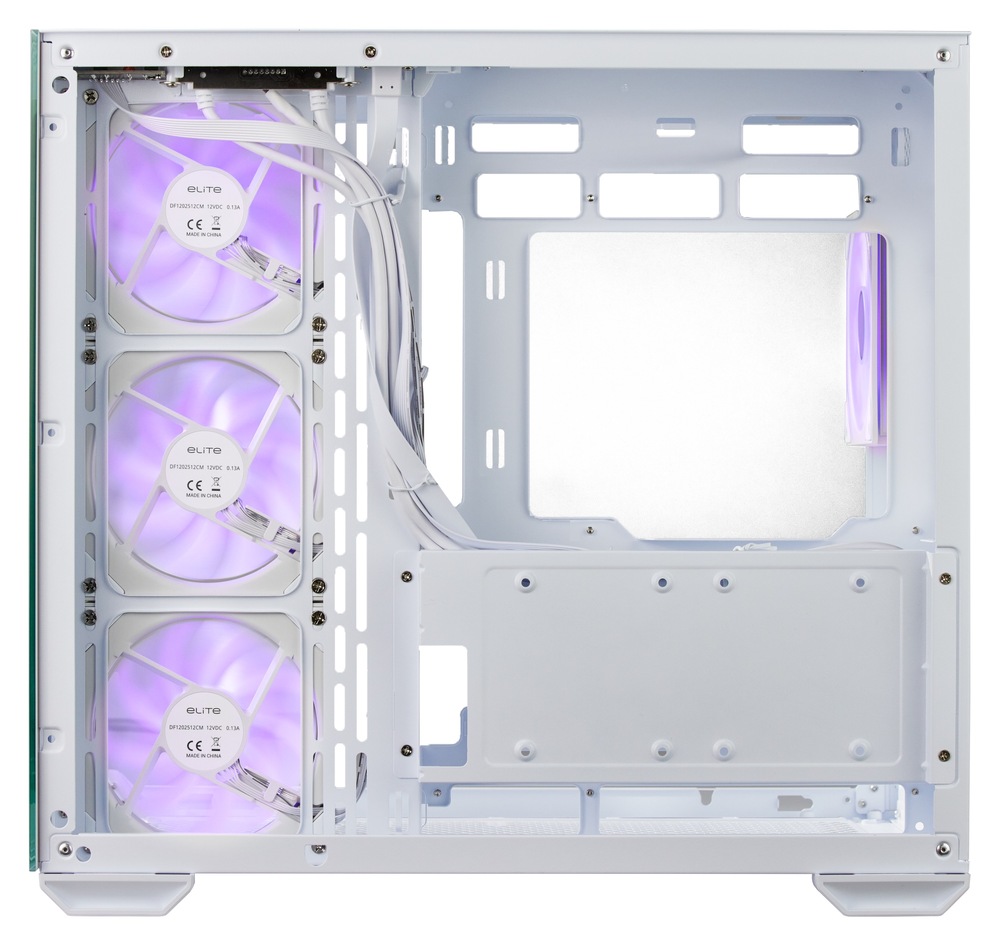 Case Cooler Master WakeUp Elite 681 bílá Pohled na PCz boční strany. Zachycuje pohled přes boční stěnu a ukazuje prostor pro instalaci komponentů a zároveň ukazuje pozice ARGB ventilátorů.