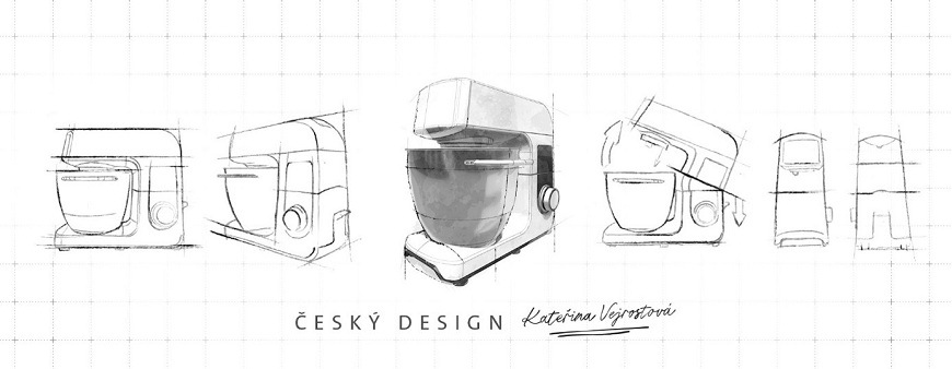 Technický výkres a designový návrh robotu ETA Gratus Kuliner II Vario od české designérky Kateřiny Vejrostové. Sestava skic zachycuje estetiku, tvarování a funkční detaily celokovového těla