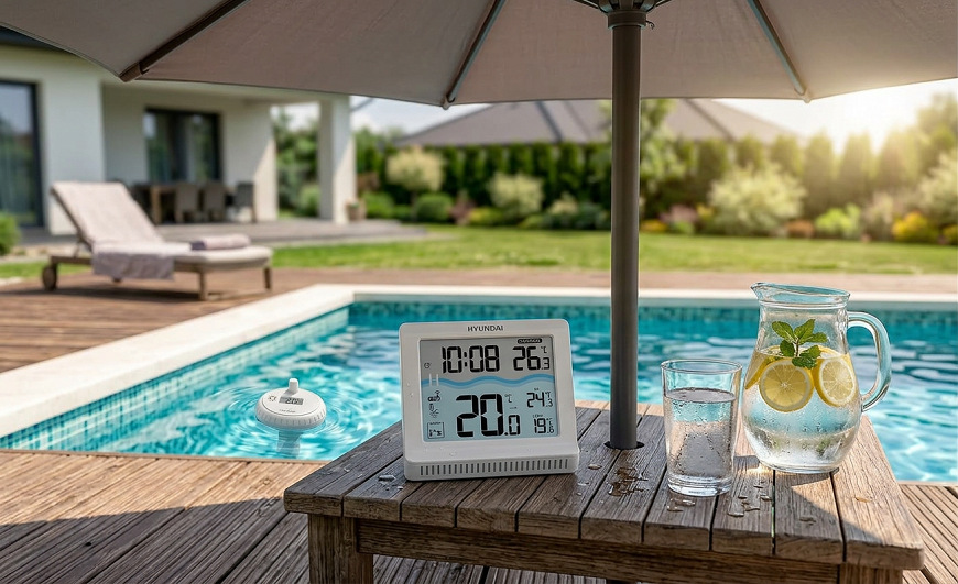 Teploměr Hyundai WS3000POOL bílý Produktová fotografie bazénového teploměru Hyundai WS3000POOL zobrazující teplotu 20 stupňů, vedle stojí sklenice a džbán s vodou a citronem, v pozadí plave teploměr v průzračném bazénu