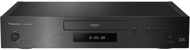 Černý Blu-ray přehrávač Panasonic DP-UB9000AG1 s displejem a předním panelem