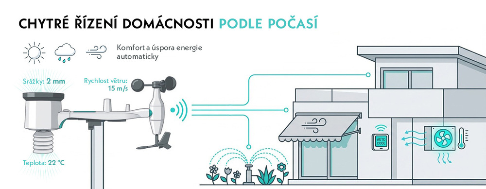 Infografika systému chytrého řízení domácnosti podle počasí. Venkovní meteostanice GoGEN ME 4900 měří teplotu, srážky a vítr, a bezdrátově ovládá stínění oken, zavlažování zahrady a klimatizaci domu pro úsporu energie