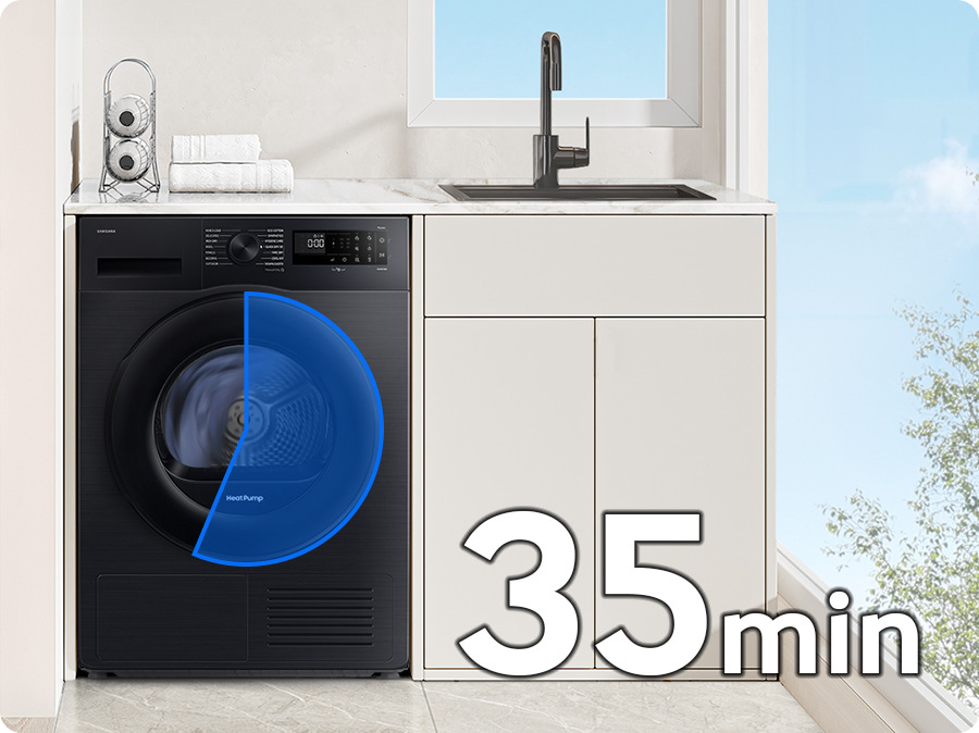 Sušička prádla Samsung DV90DG52A0AELE bílá Sušička prádla Samsung DV90DG52A0ABLE v koupelně, funkce Quick Dry 35'