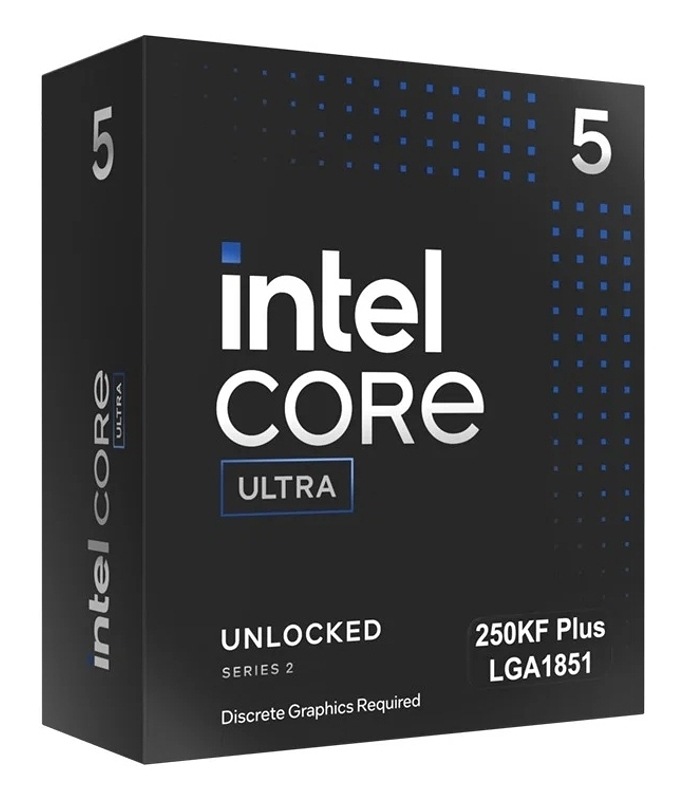 Procesor Intel Core Ultra 5 250KF Plus Krabice procesoru Intel Core Ultra 5 250KF Plus s označením Ultra, odemčená edice pro socket LGA1851