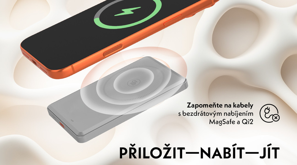 Powerbanka GoGEN MagSafe, Qi2, 5000mAh šedá Bezdrátová powerbanka GoGEN s podporou MagSafe a Qi2 nabíjí oranžový smartphone. Produktový banner s textem „Přiložit – nabít – jít. Zapomeňte na kabely“