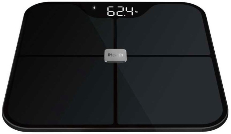Černá osobní váha iHealth Nexus Pro se skleněným povrchem a LED displejem