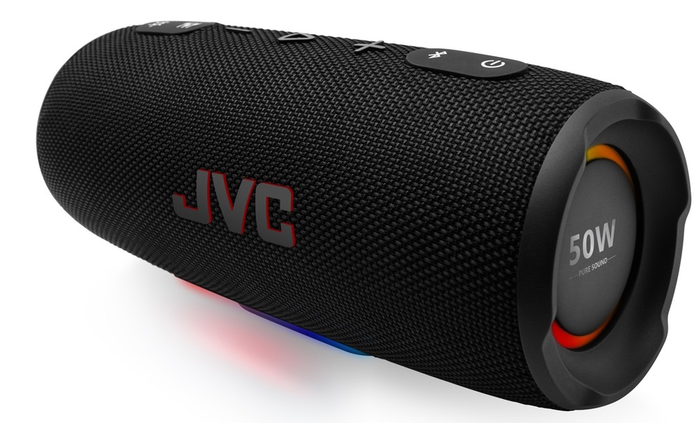 Černý přenosný Bluetooth reproduktor JVC XS-E425B s LED podsvícením na bílém podkladu