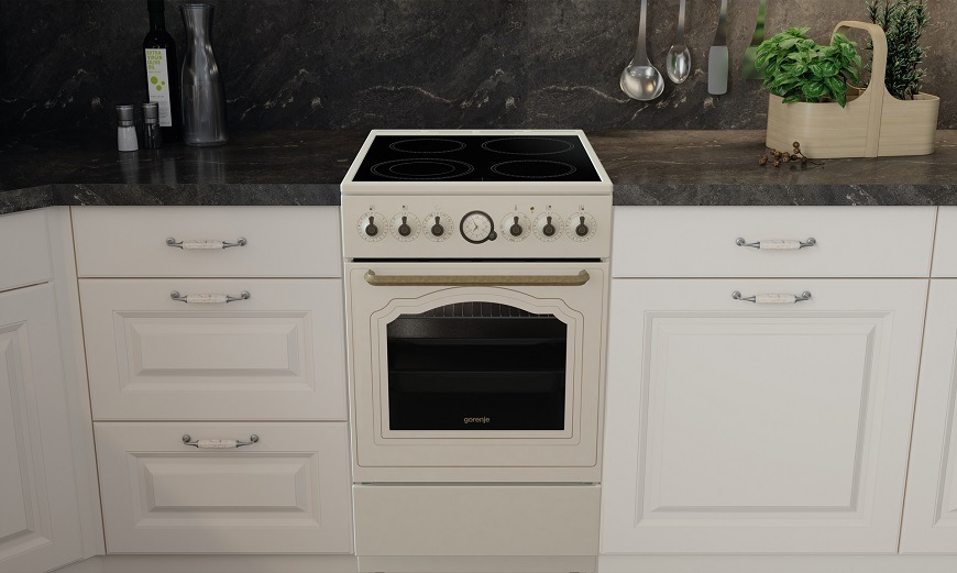 Retro sporák Gorenje GECS5B70CLI, krémová, v domácnosti