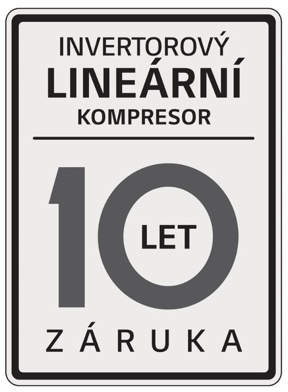 ikona prodloužené 10 leté záruky na kompresor lednice LG s textem: Invertorový lineární kompresor, 10 let záruka