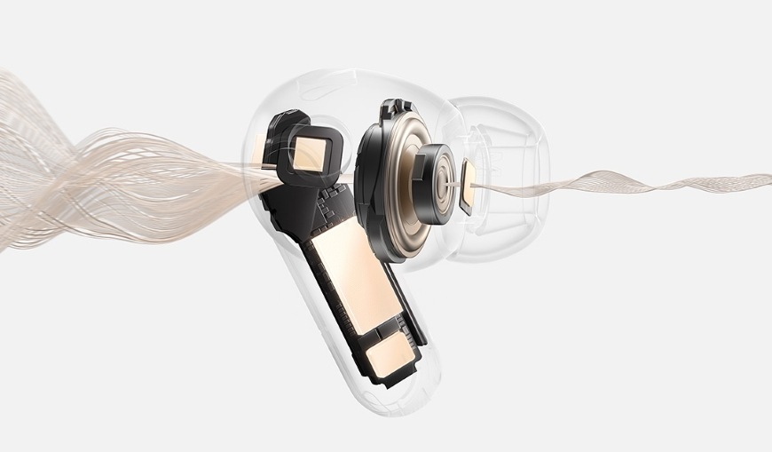 Sluchátka Huawei FreeBuds Pro 5 bílá Detail sluchátka FreeBuds Pro 5 potlačujícího hluk pronikající zvenku do ucha