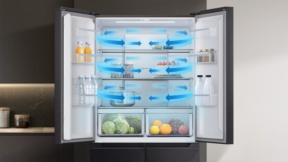 Americká lednice LG GMM42ABBEH černá Systém Multi Air Flow rovnoměrně rozvádí studený vzduch po celé chladničce a udržuje ideální podmínky pro každou uloženou potravinu
