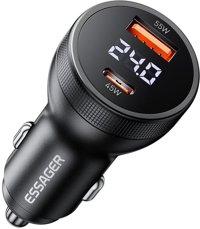 Adaptér do auta Essager USB-A, USB-C s digitálním displejem a výkonem 100 W