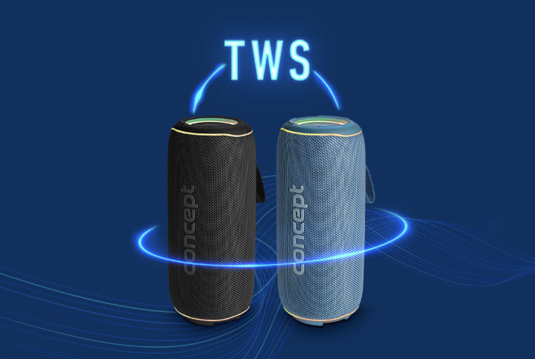 Přenosný reproduktor Concept SoundJoy BR5532 modrý Funkce TWS propojující modely Concept SoundJoy BR5530 a BR5532 pro současné přehrávání
