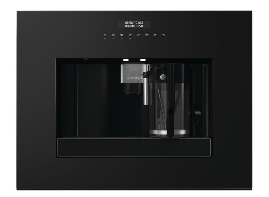 Na obrázku je přední pohled na vestavný automatický kávovar Gorenje CM4G8BG v černém provedení