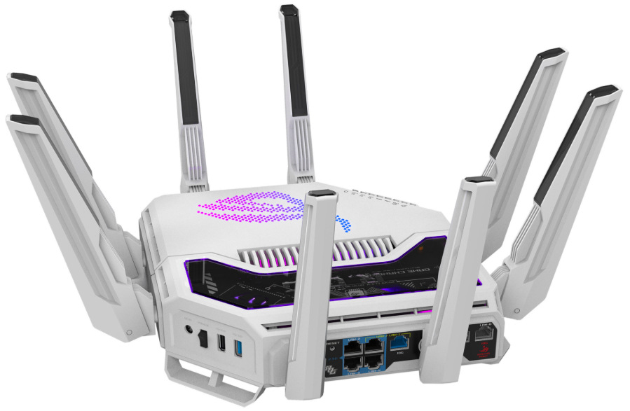 Šikmý zadní pohled na herní router ASUS ROG Rapture GT-BE19000AI s osmi anténami