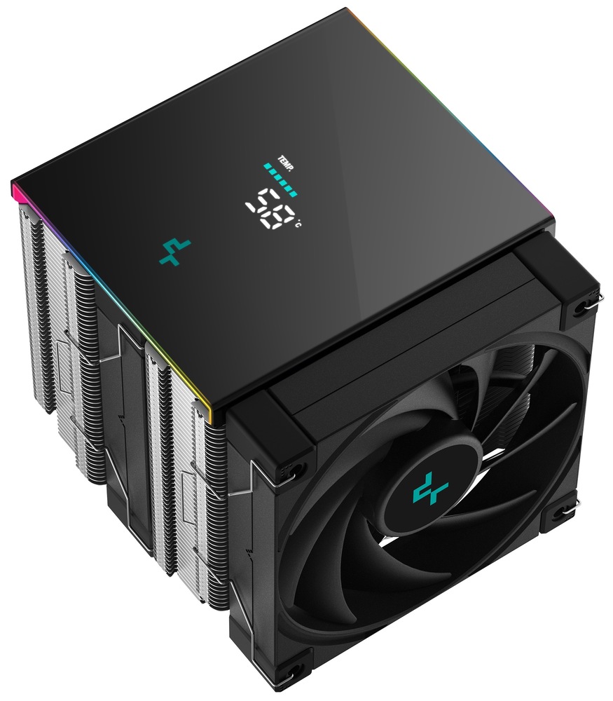 Chladič CPU DeepCool AK620 Digital SE černý Na horní straně chladiče je digitální displej zabudovaný do lesklého černého krytu. Uprostřed svítí velké bílé číslice s aktuální hodnotou – na obrázku je to „58°C“. Nad číslem je malý nápis „TEMP“ a vedle něj sloupec krátkých světelných proužků (jako „teploměr“), který graficky ukazuje úroveň teploty. Displej je plochý, bez tlačítek, a je dobře čitelný z horní strany.
