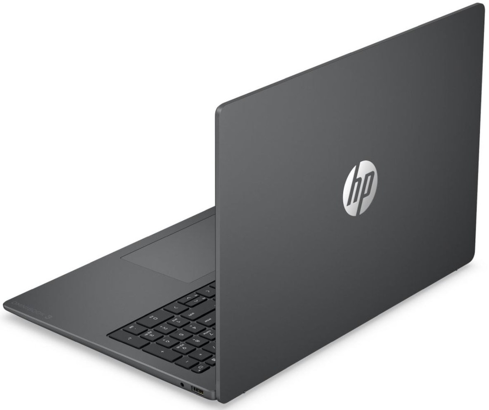 Notebook HP Omnibook 3 16-bu0607ncx + Game Pass předplatné na 2 měsíce šedý Zadní pohled na notebook HP OmniBook 3 s logem HP na víku