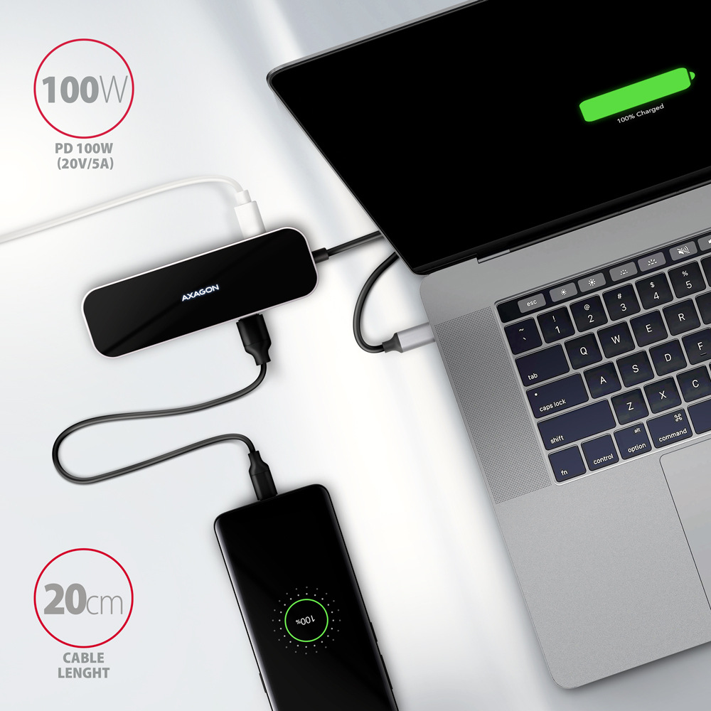 USB Hub Axagon USB 3.2 Gen 1 hub, 3x USB-A, HDMI 4k/60Hz, RJ-45 GLAN, PD 100W, kabel USB-C 20cm šedý