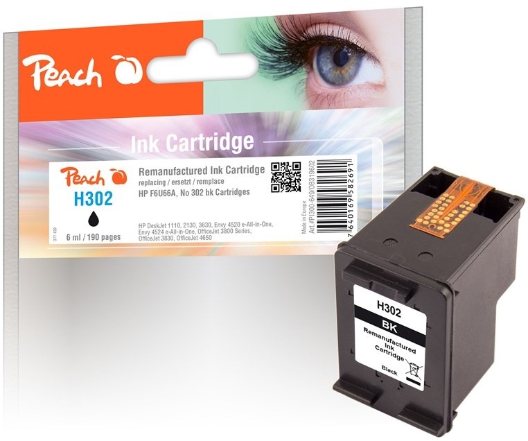 Černá inkoustová náplň Peach HP 302 s výtěžností 190 stran