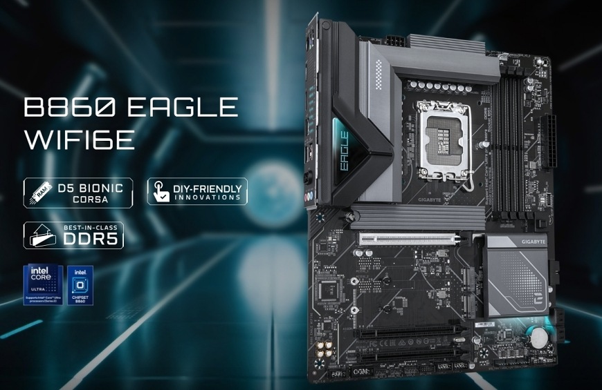 Základní deska GIGABYTE B860 EAGLE WIFI6E Základní deska Gigabyte B860 EAGLE WIFI6E prezentovaná v promo grafice s podporou DDR5