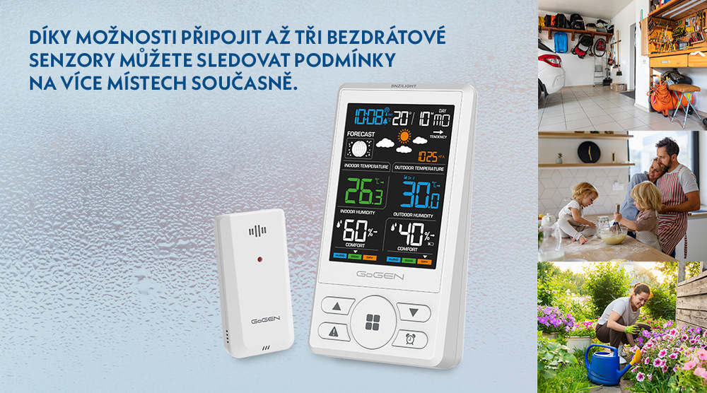 Bílá meteostanice GoGEN ME 1250 s bezdrátovým senzorem a možností připojení až tří čidel současně pro sledování teploty a vlhkosti v garáži, kuchyni nebo na zahradě